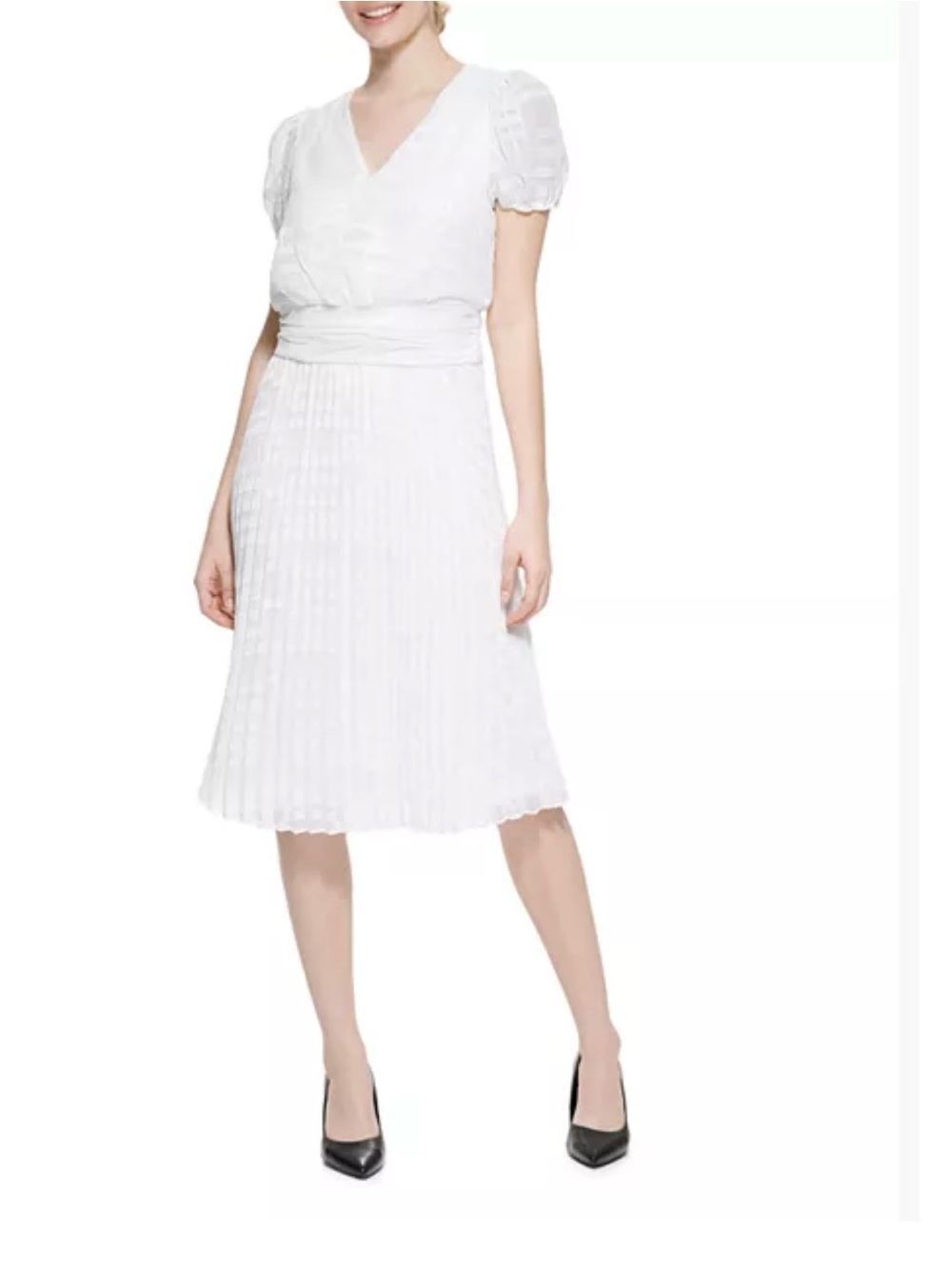Karl Lagerfeld Paris White Pleated V‑Neck Midi Dress with Puff Sleeves 2 EUC